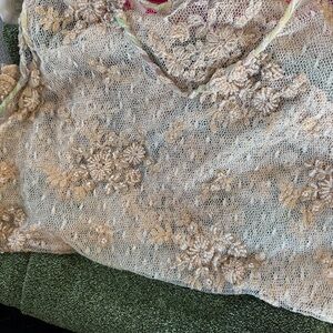 Vintage Gold and cream Embroidered Beaded Floral Lace Mesh Sleeveless Top